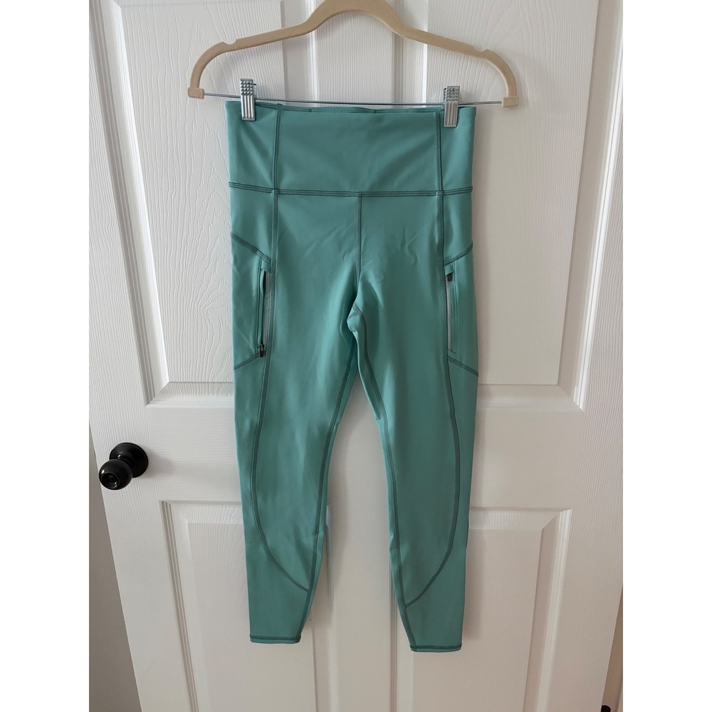 Athleta Rainier Tight High Rise Leggings Green Teal Zipper Pockets Small Petite